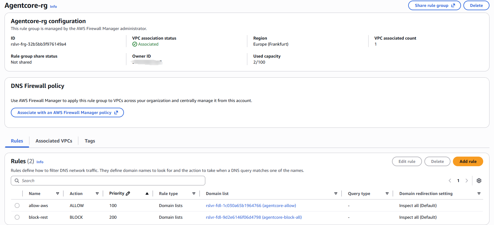 Route 53 DNS Firewall console showing rule group with allow-aws ALLOW priority 100 and block-rest BLOCK priority 200, associated to VPC in Frankfurt