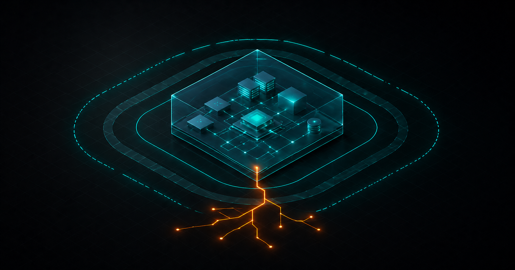 Isometric illustration of an AWS Bedrock AgentCore Code Interpreter sandbox surrounded by three concentric perimeter layers (PUBLIC, SANDBOX, VPC) with an orange data thread leaking outward through all three boundaries - visualizing DNS exfiltration despite network isolation