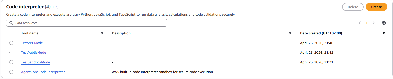 AWS Console showing three Code Interpreter resources side by side in different network modes - TestVPCMode, TestPublicMode, TestSandboxMode - plus the AWS-built-in default Code Interpreter, all in eu-central-1