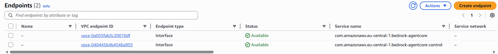 AWS VPC Endpoints console showing two endpoints for bedrock-agentcore and bedrock-agentcore-control, both Available state