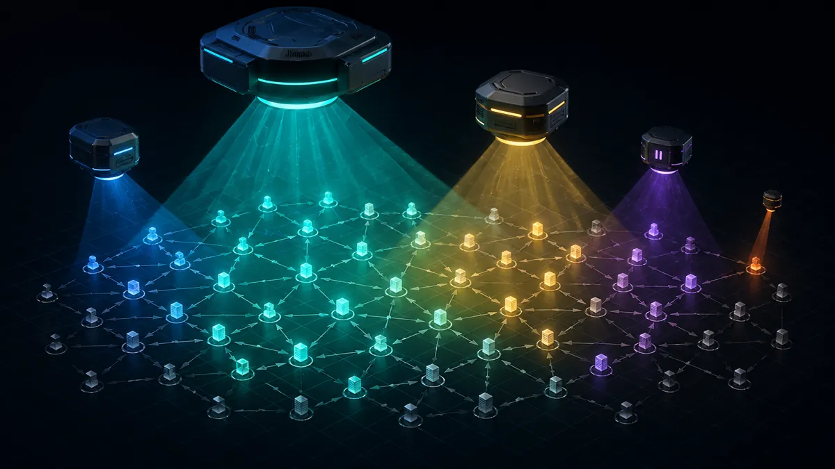 Network of 57 glowing IAM principal nodes scanned by five floating detector devices, each beam sized to its scanner's coverage from 93% down to 7%.