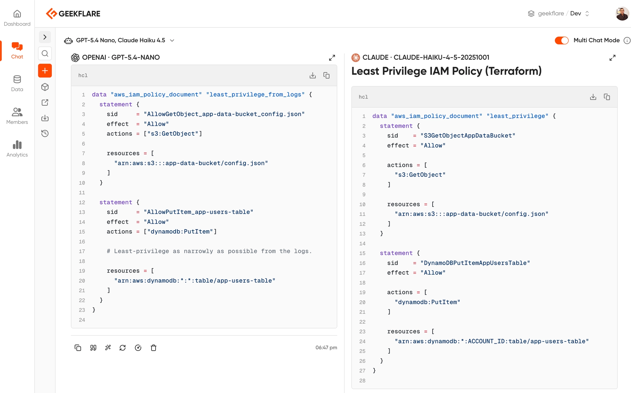 GPT 5.4 Nano vs Claude Haiku 4.5 side-by-side Terraform output comparison
